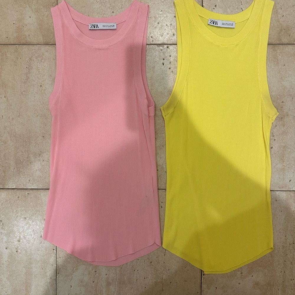 Zara Women's Pink and Yellow Ribbed Tank Tops
